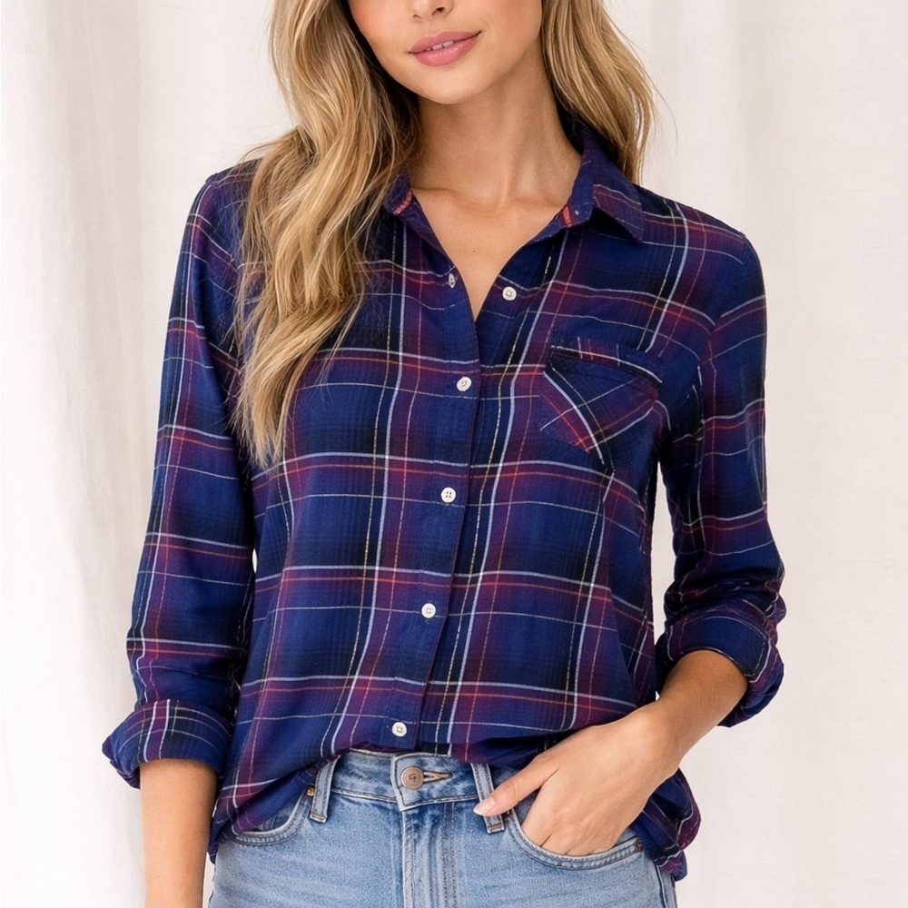 Victoria’s Secret Blue Plaid Button Down Shirt Small Preppy Coastal Cabin Core